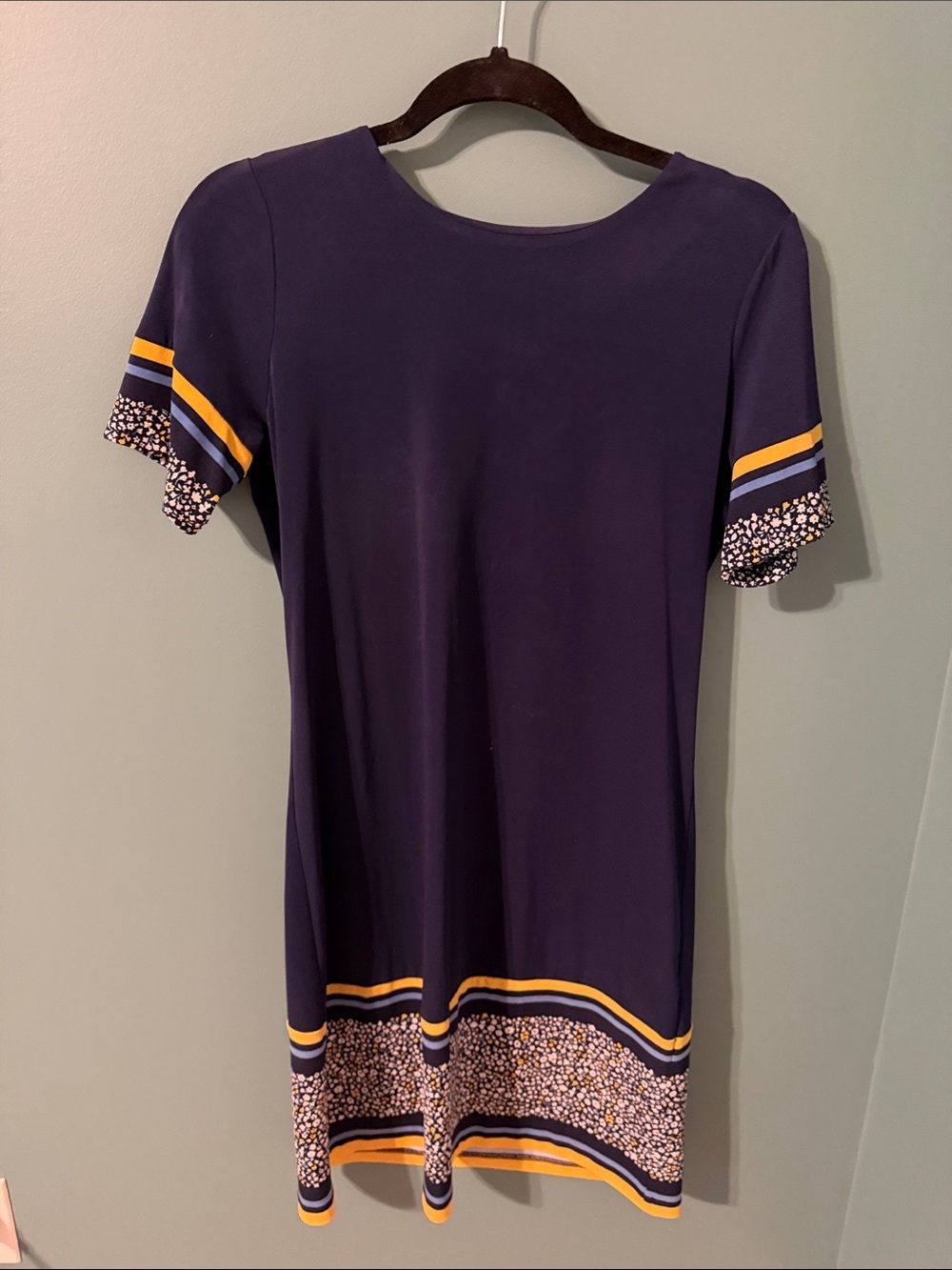 Michael Kors Navy Blue Short Sleeve Shift Dress with Yellow Trim